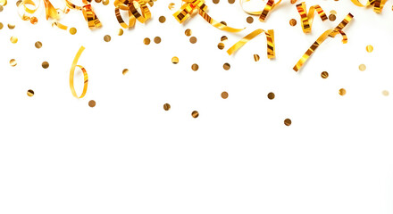 Shiny golden confetti falling isolated on a white background. Shiny festive tinsel in golden color.