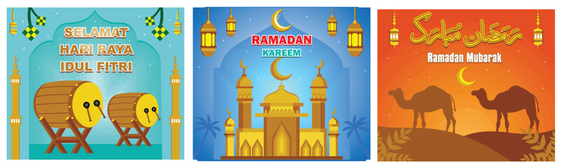 PrintEid al-Fitr greetings. Golden Mosque, moon, dome and lanterns. Crescent Moon and Camels. Set flat vector modern illustration 