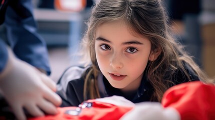 Young girl practicing EMT assessment skills in a simulated training environment