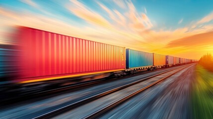 Fototapeta premium Freight Train Transportation Global Logistics, Cargo Shipping Sunset