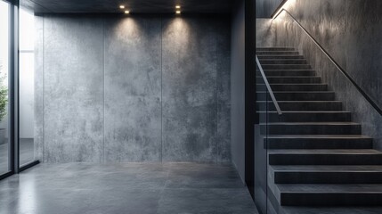 Empty Dark Minimalist Concrete Room with Staircase in Modern Architecture Design