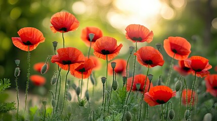 Beautiful poppy flowers bloom in spring, creating a vibrant display against a natural backdrop. The stunning poppy flowers add color and freshness to the scenic view with ample space for text.