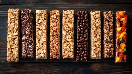 Assorted granola bars arranged on a dark wooden surface create an appealing display. This image of assorted granola bars offers great photo style with ample copy space.