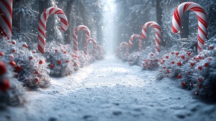 Enchanting Candy Cane Forest Path in Snowy Winter Wonderland