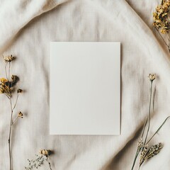 Elegant Wedding Invitation Card Mockup on Soft Fabric Artistic Flat Lay with Nature Accents for Creative Designs