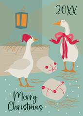Vintage Christmas Holly card with cute goose, Christmas tree and hay.  Vector pre-made printable card template with hand drawn flat illustrations of domestic birds.