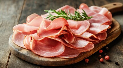Sliced ham, a type of Italian pork, presents a visual appeal with its salted cured meat layers. This image of sliced ham offers a fresh perspective and ample copy space.