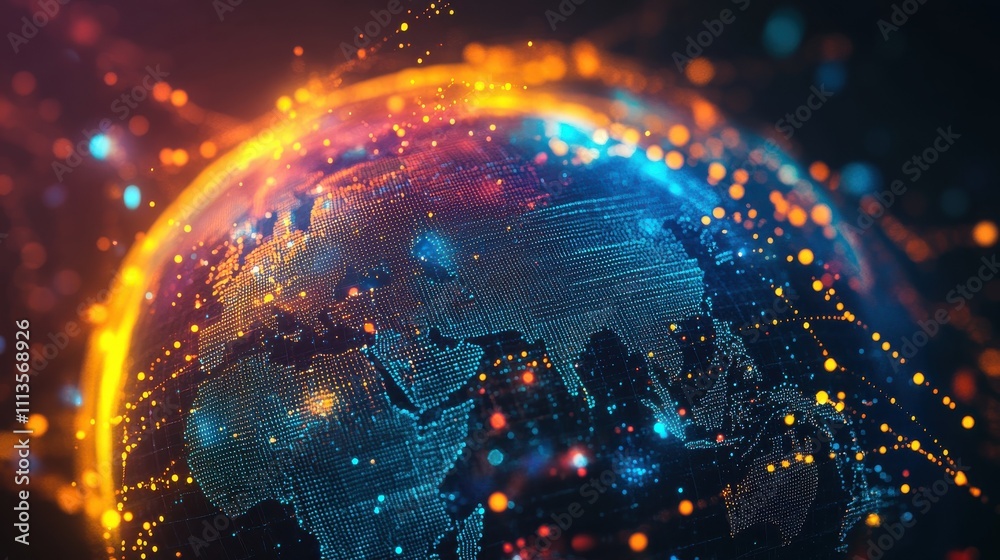 Wall mural digital globe with glowing particles and lights in dark background