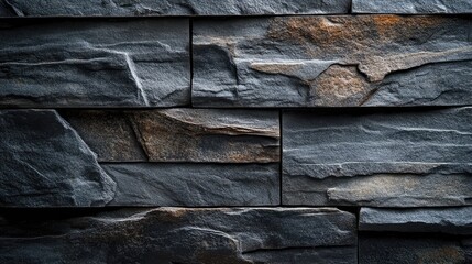Old vintage textured cement creates an embossed appearance on a dark anthracite-colored stone wall, perfect for a gray stonework wall background with ample photo style copy space.
