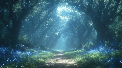 Obraz premium Enchanting Forest Pathway with Magical Sunlight Beams