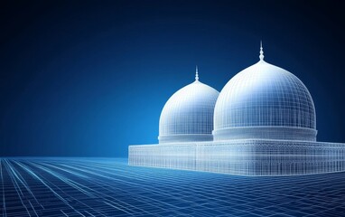 Obraz premium Abstract vector wireframe of Ramadan, mosque domes, and crescent moon on a dark blue background with a copy space area