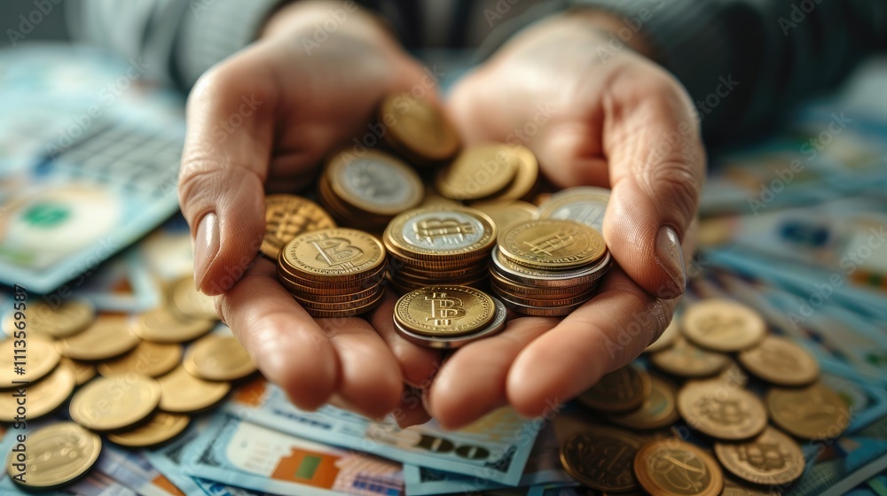 Poster a close-up of hands holding coins and banknotes, with a background of financial charts and graphs. i