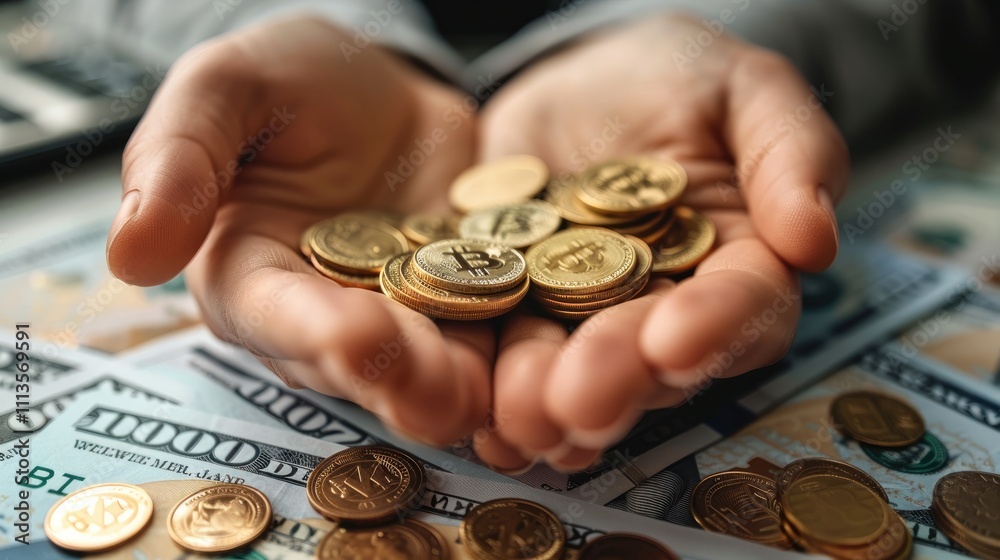 Poster a close-up of hands holding coins and banknotes, with a background of financial charts and graphs. i