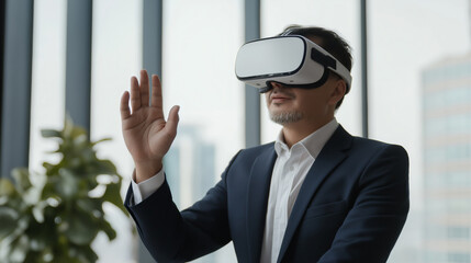 Professional man wearing virtual reality headset gestures in modern office space during a technology demonstration.