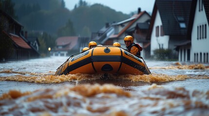 An emergency boat is used to rescue people from floods. Rescue team aiding flood victims.