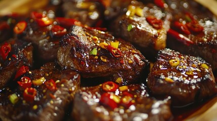 Delicious beef pepper steak arranged on a plate, highlighting the fiery flavors of Asian cuisine. Close-up view with ample copy space for food-related content.