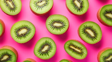 Vibrant kiwis arranged on a pink background create a visually appealing composition. Fresh kiwis represent delicious natural delights, perfect for enhancing any design with color and flavor.