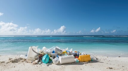 A serene image of a pristine beach contrasted with a polluted shoreline littered with plastic waste, highlighting the impact of ocean pollution. Bright blue waters in the background hint at the