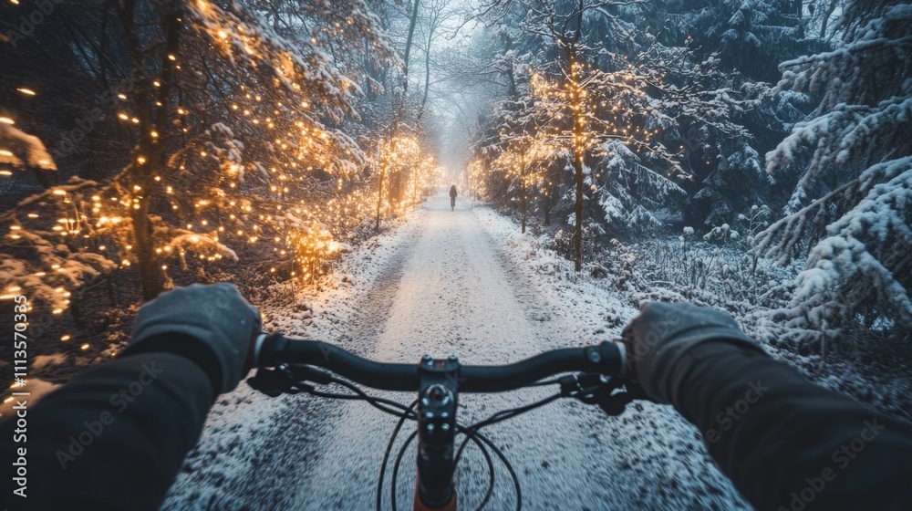 Poster pedaling along a snow-covered trail surrounded by trees adorned with twinkling lights creates a magi