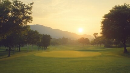 Golf teeing ground in golf course with sunrise background.