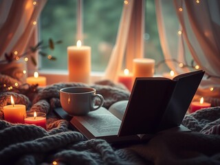 A magical ambiance with a cozy book and cup of hot tea surrounded by flickering candles and twinkling fairy lights, warm, ambiance
