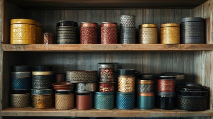 A collection of various food items in tins arranged on a shelf, presenting an array of colors and textures. Perfect for capturing the essence of organized pantry storage with ample copy space.