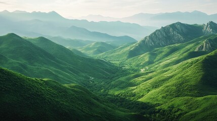 Lush green mountain valleys create a captivating landscape of tranquility and beauty. This image captures the essence of serene mountain valleys in vibrant shades of green with ample copy space.