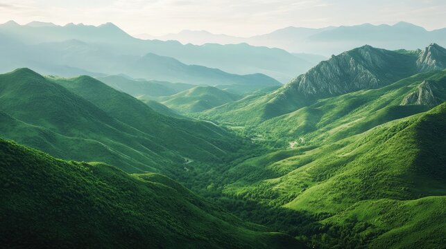 Lush green mountain valleys create a captivating landscape of tranquility and beauty. This image captures the essence of serene mountain valleys in vibrant shades of green with ample copy space.