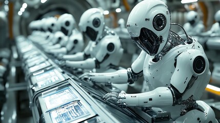 Fototapeta premium Robotic Arm Assembly Line in Futuristic Factory