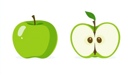 A graphic of a whole green apple and a sliced green apple revealing its interior.