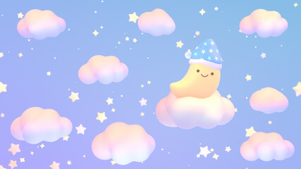 3D render cute moon with nightcap on clouds at night.
