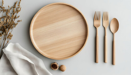 A minimalist wooden plate with utensils and decorative elements for dining presentation.