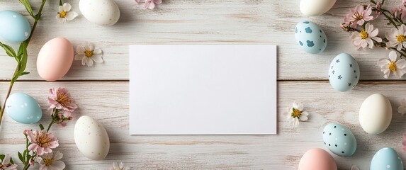 Colorful decorated eggs surrounding a blank card on a wooden table for spring celebrations