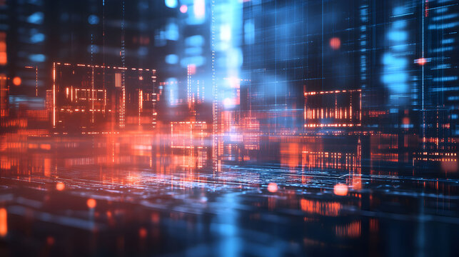 Abstract Digital Cityscape Illuminated By Neon Lights - Powered by Adobe