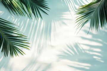 Soft shadows of palm leaves cast on smooth white sand with a pastel turquoise background