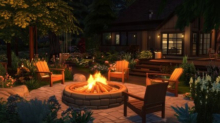 Couples relax and enjoy an evening around a cozy fire pit outdoors at their home, creating a warm atmosphere perfect for quality time together, with ample space for creativity.