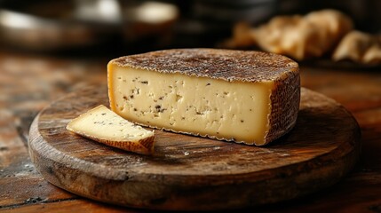 Rustic Wooden Cheese Board with Creamy Cheese Wedge: Perfect for Gourmet Food Photography and Culinary Websites