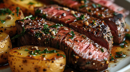 A plate featuring sliced, pan-seared filet mignon steaks with a garlic butter sauce, alongside roasted potato wedges seasoned with pepper and parsley.