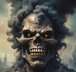 Naklejka premium Illustration of devil spooky face in dramatic smoke.