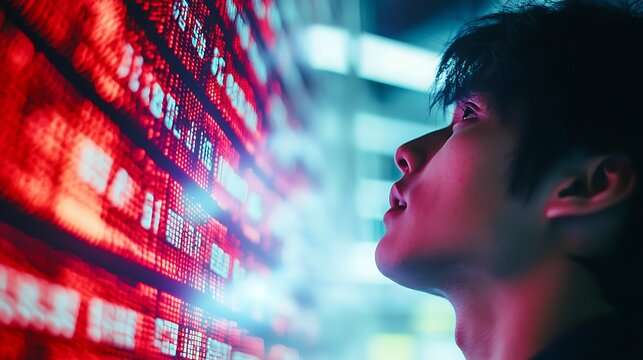 Young man looking up at a large digital display with red data streams at night.