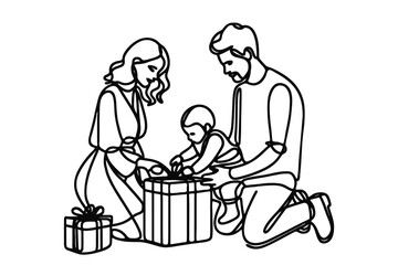 One continuous line illustration of a happy family opening gifts, isolated on white background.