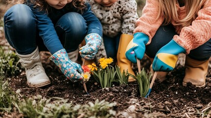 Children Planting Flowers In Garden Soil Together