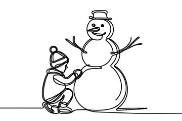 One continuous line illustration of a child building a snowman, isolated on white background.