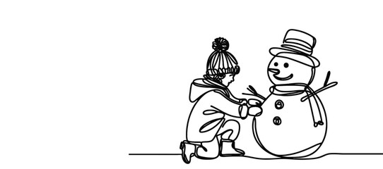 One continuous line illustration of a child building a snowman, isolated on white background.