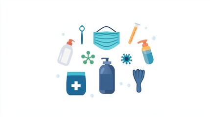 A collection of cleaning and health-related items, including masks, disinfectants, and sanitizers, emphasizing hygiene and safety.