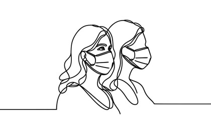 One continuous line illustration of a woman in a Venetian mask, isolated on white background.