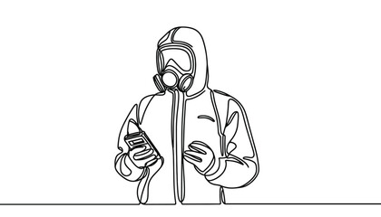  One continuous line illustration of a person in a protective suit holding a dosimeter, isolated on white background.