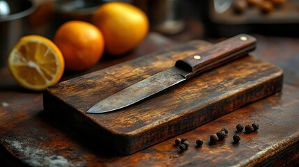 A Rustic Wooden Cutting Board with a Single Sharp Knife: Perfect for Culinary Photography and Food Blogging