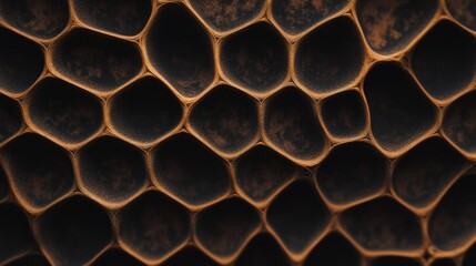 A close-up view of a honeycomb structure, showcasing its intricate hexagonal patterns and textures, emphasizing natural design and craftsmanship.