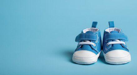 Adorable blue baby shoes on a bright background, symbolizing infancy and parenthood